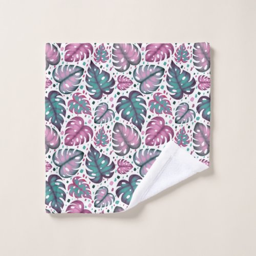 Tropical Pink Monstera Leaves Wash Cloth