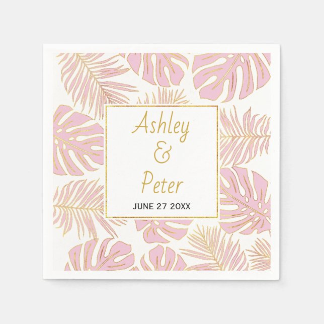 Tropical pink monstera, palm leaves modern wedding paper napkins (Front)