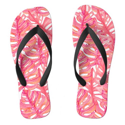 Tropical Pink Monstera Plant Leaves Beach Flip Flops