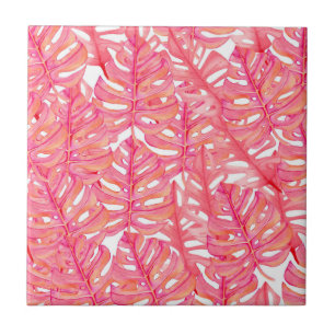 Tropical Pink Monstera Plant Leaves Ceramic Tile