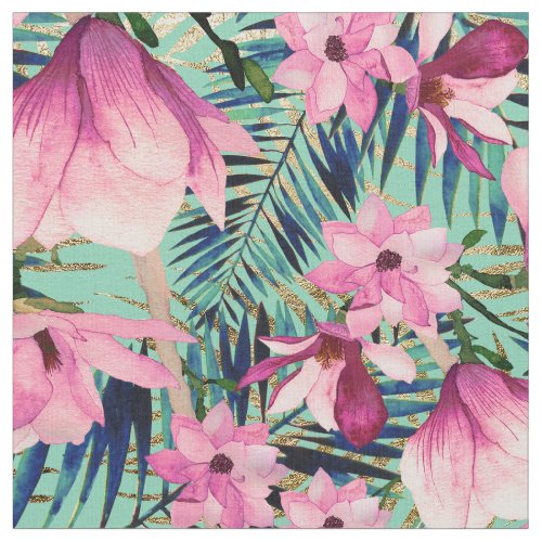 Tropical pink navy blue aqua gold modern floral fabric