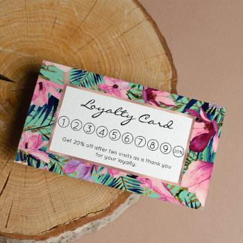Tropical Pink Navy Blue Aqua Gold Modern Floral Loyalty Card by girly_paradise at Zazzle