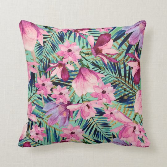 Tropical Pink Navy Blue Aqua Gold Modern Floral Throw Pillow