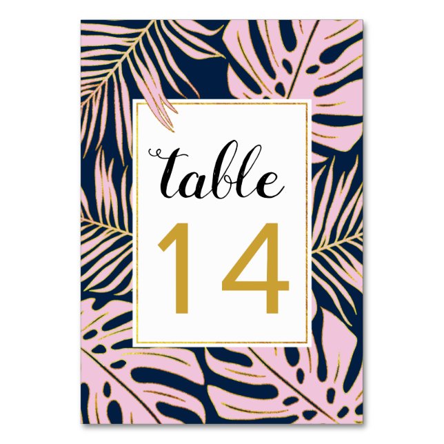 Tropical pink navy leaves, gold outline wedding table number (Front)
