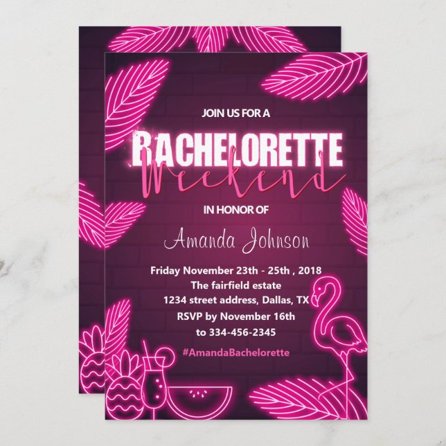 Tropical Pink Neon Bachelorette Weekend Invitation (Front/Back)