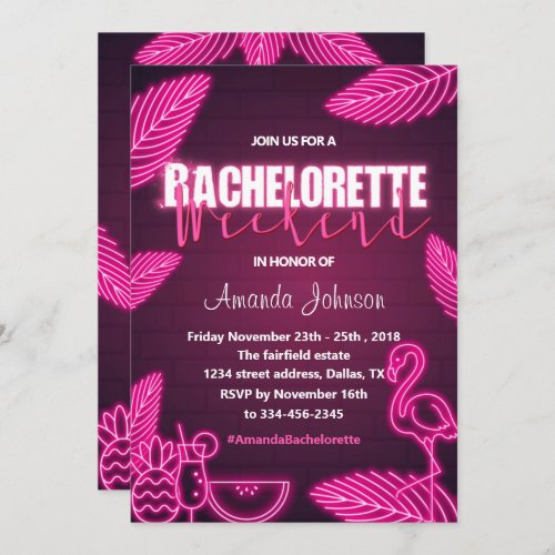 Tropical Pink Neon Bachelorette Weekend Invitation