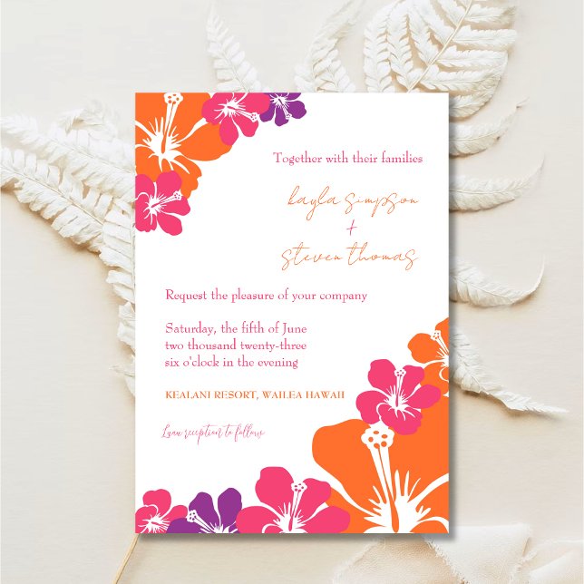 Tropical Pink Orange Purple Hibiscus Wedding Invitation (Creator Uploaded)