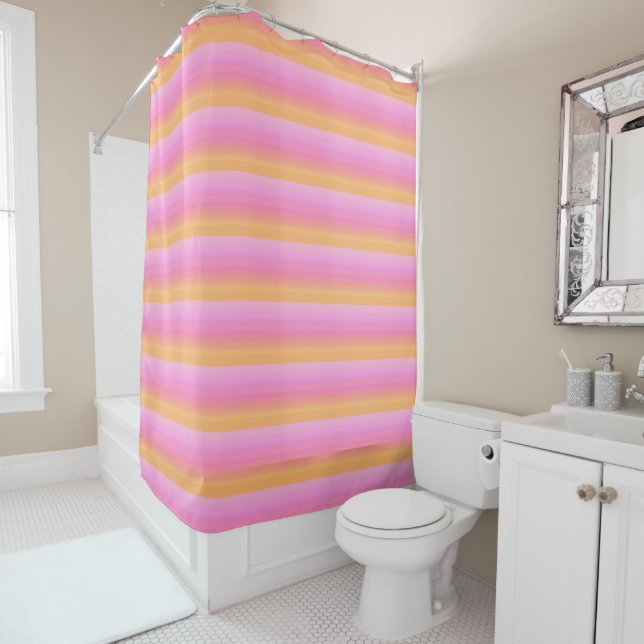 Tropical Pink Orange Sunset Stripes Shower Curtain (In Situ)