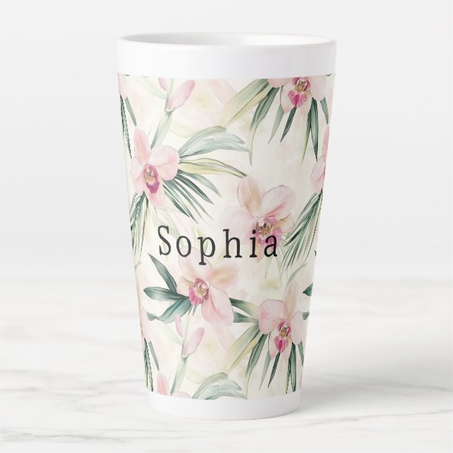 Tropical Pink Orchid Floral Birthday Latte Mug (Front)