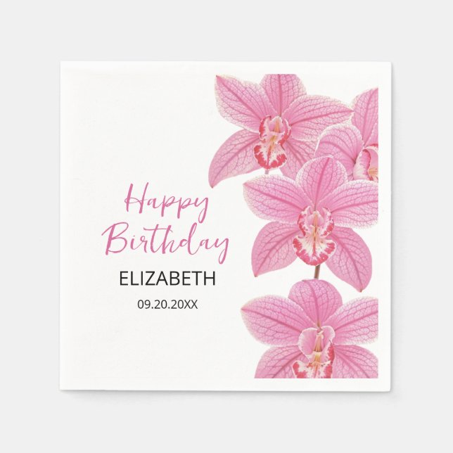 Tropical Pink Orchid Flower Happy Birthday Napkins (Front)