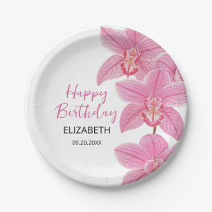 Tropical Pink Orchid Flower Happy Birthday Paper Plates