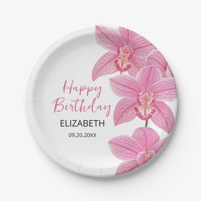 Tropical Pink Orchid Flower Happy Birthday Paper Plates (Front)