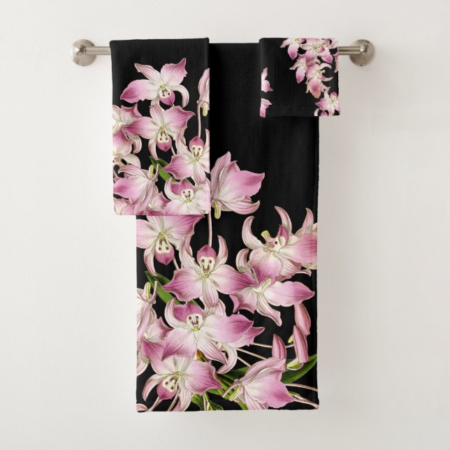 Tropical Pink Orchid Flowers Black Bath Towel Set (Insitu)