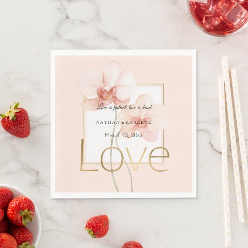 Tropical Pink Orchid Flowers Gold Love Wedding  Napkins