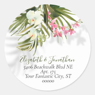 Tropical Pink Orchids & Palms Shadows Address Classic Round Sticker