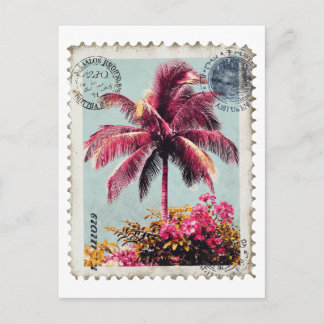Tropical Pink Palm Postage Stamp Vintage Beach T‑S Postcard