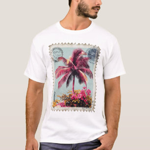 Tropical Pink Palm Postage Stamp Vintage Beach T‑S T-Shirt