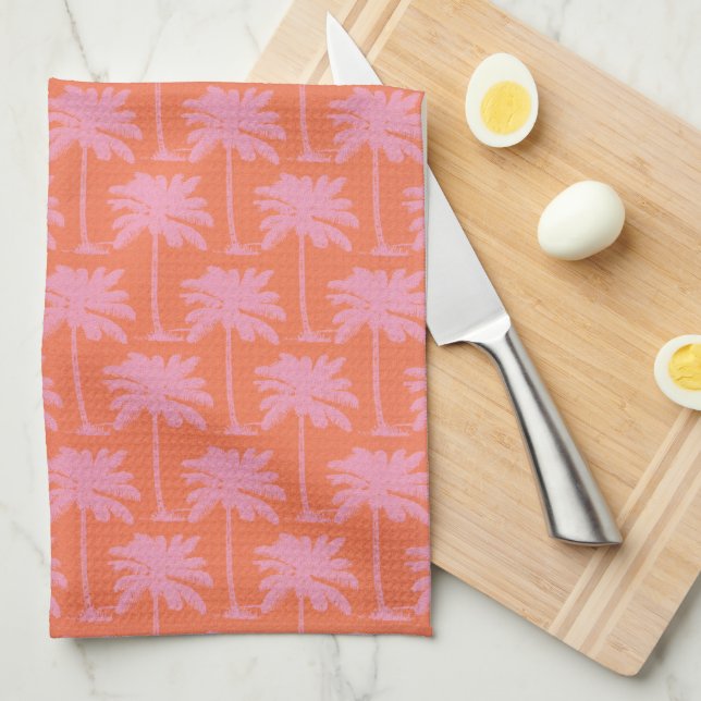 Tropical Pink Palm Tree Costal Nautical Beach Kitchen Towel (Quarter Fold)