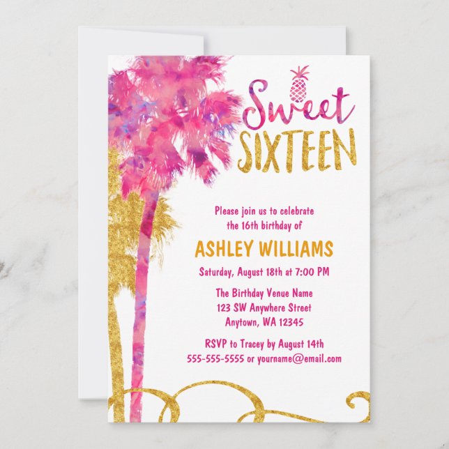 Tropical Pink Palm Tree Faux Gold Glitter Sweet 16 Invitation (Front)