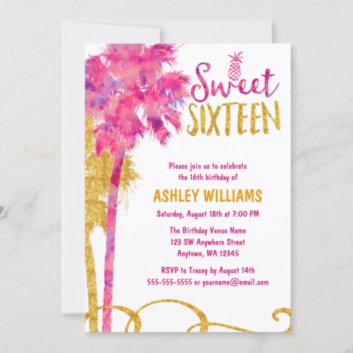Tropical Pink Palm Tree Faux Gold Glitter Sweet 16 Invitation
