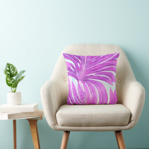 Tropical Pink Palm Tree Leaves Pattern Throw Pillow
