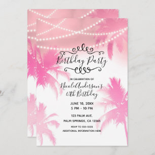 Tropical Pink Palm Trees & Lights Birthday Party Invitation