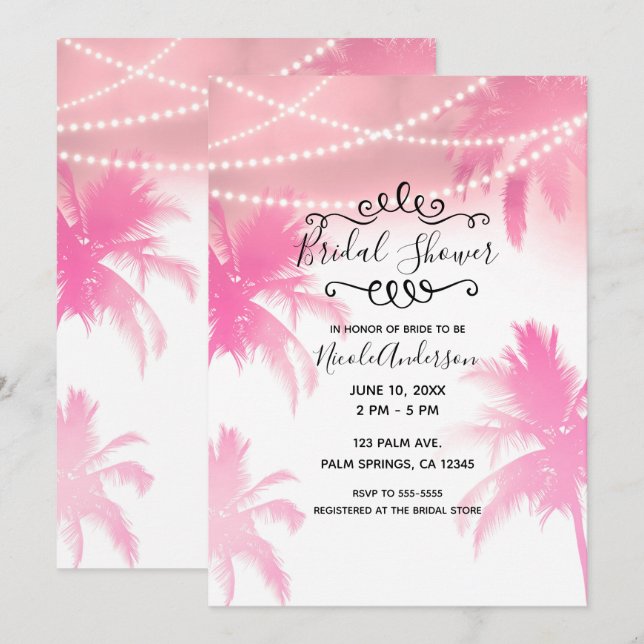 Tropical Pink Palm Trees & Lights Bridal Shower Invitation (Front/Back)