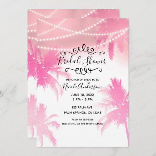 Tropical Pink Palm Trees  Lights Bridal Shower Invitation