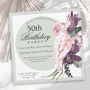 Tropical Pink Parrot and Sage Floral 50th Birthday Invitation