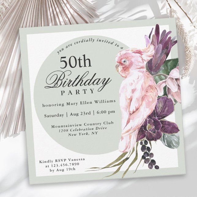 Tropical Pink Parrot and Sage Floral 50th Birthday Invitation (Creator Uploaded)