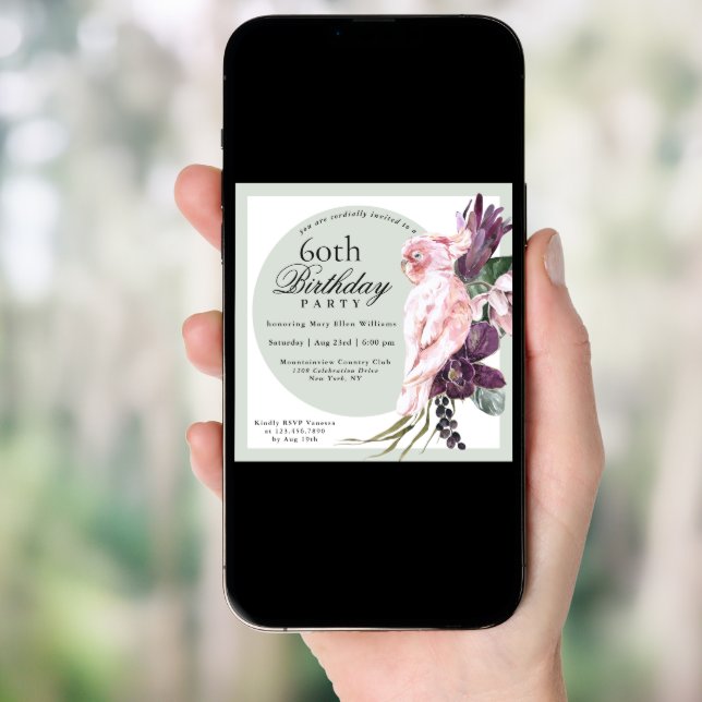 Tropical Pink Parrot and Sage Floral 60th Birthday Invitation (Front Digital)