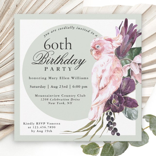 Tropical Pink Parrot and Sage Floral 60th Birthday Invitation (Creator Uploaded)
