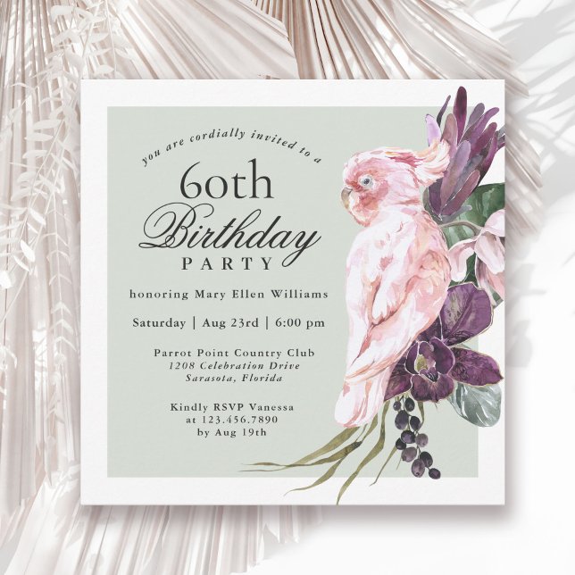 Tropical Pink Parrot and Sage Floral 60th Birthday Invitation (Available in both printed and instant download digital formats.)