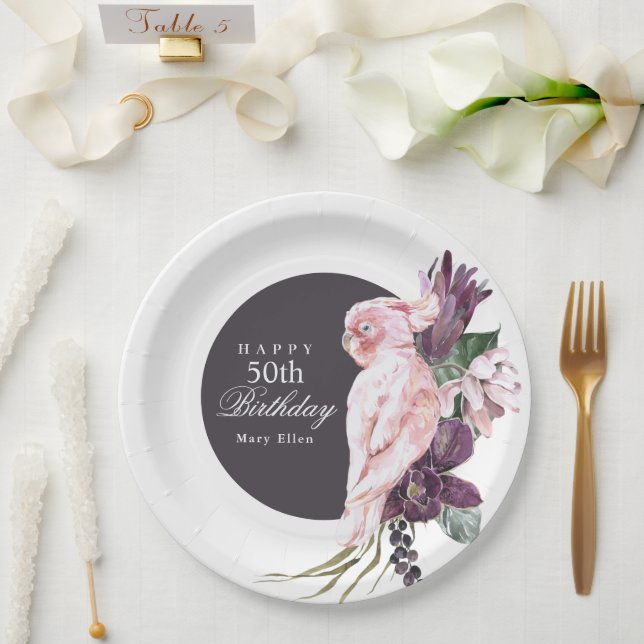 Tropical Pink Parrot Boho Stylish 50th Birthday Paper Plates (Wedding)