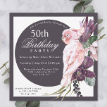 Tropical Pink Parrot Floral 60th Birthday Invitation<br><div class="desc">Plan a fabulous 50th birthday celebration (or any other age) with a stylish boho-inspired tropical theme that is so feminine! This unique square invitation has an exotic pink parrot sitting atop a bouquet of lush tropical flowers that include purple protea and orchids with trailing vines and greenery. A circular frame...</div>