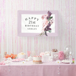 Tropical Pink Parrot Happy 21st Birthday Banner