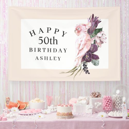 Tropical Pink Parrot Happy 50th Birthday Banner