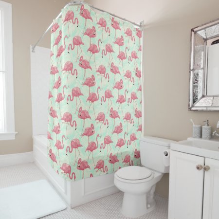 Tropical Pink Pastel Flamingos Shower Curtain