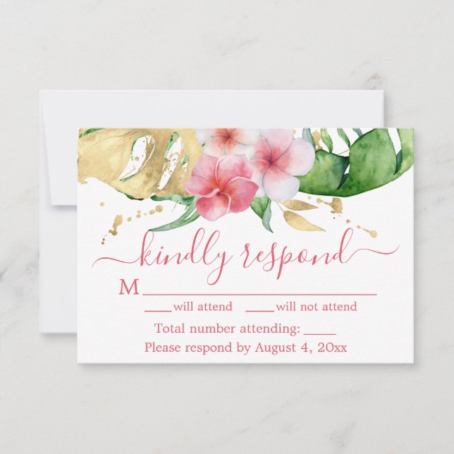 Tropical Pink Peach Floral Wedding RSVP Card (Front)