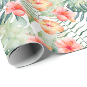 Tropical Pink Peach Hibiscus Floral Wrapping Paper