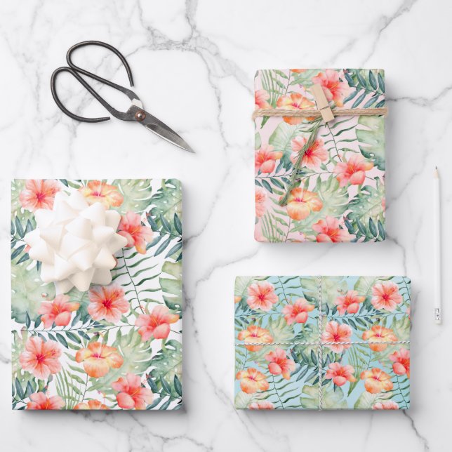 Tropical Pink Peach Hibiscus Floral   Wrapping Paper Sheets (Front)