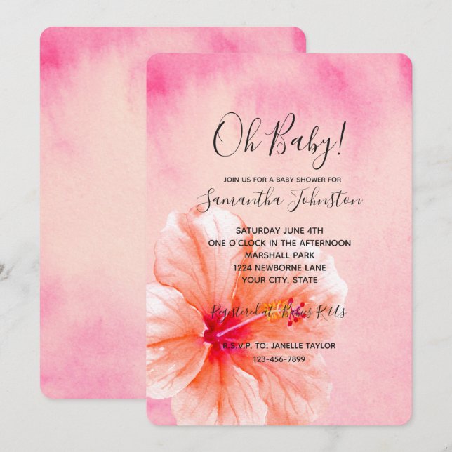 Tropical Pink Peach Hibiscus Flower Baby Shower Invitation (Front/Back)