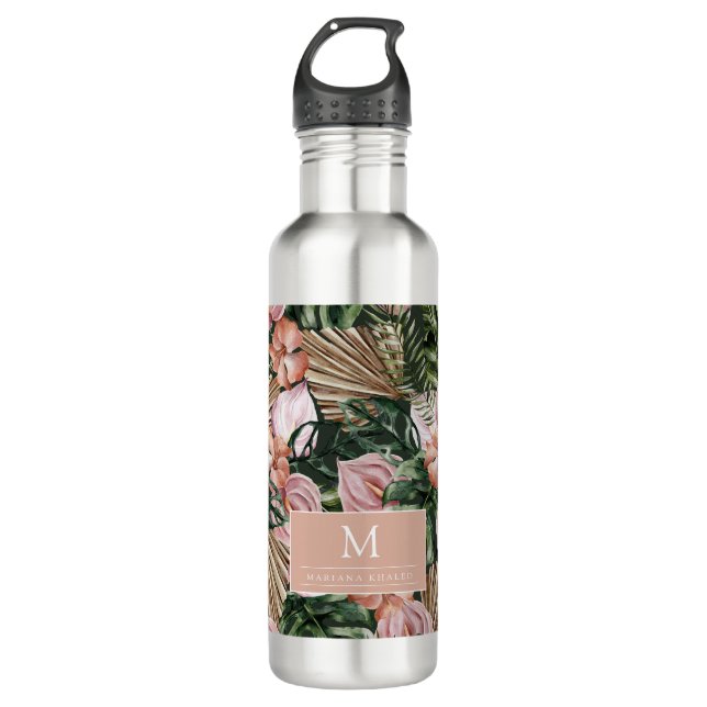 Tropical Pink Peache flowers leaves jungle  Stainless Steel Water Bottle (Front)