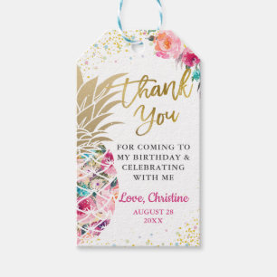 Tropical Pink Pineapple Floral Birthday Thank You Gift Tags