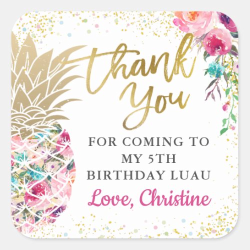 Tropical Pink Pineapple Floral Birthday Thank You Square Sticker