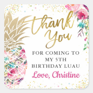 Tropical Pink Pineapple Floral Birthday Thank You Square Sticker