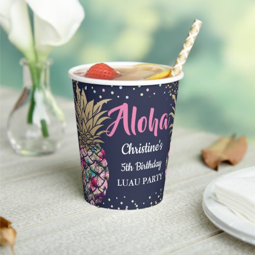 Tropical Pink Pineapple Floral Navy Blue Birthday Paper Cups