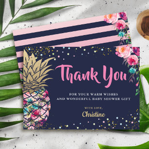 Tropical Pink Pineapple Navy Blue Thank you Card