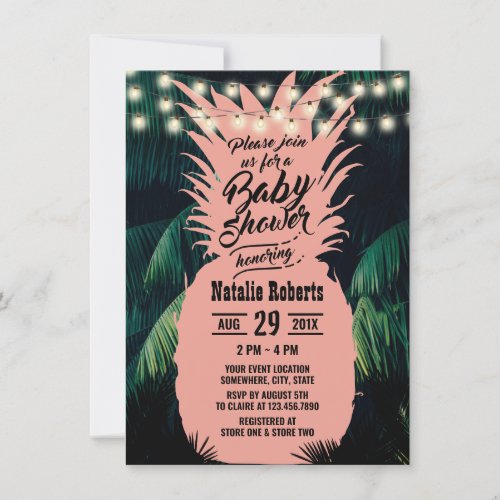 Tropical Pink Pineapple Palm Tree Baby Shower Invitation