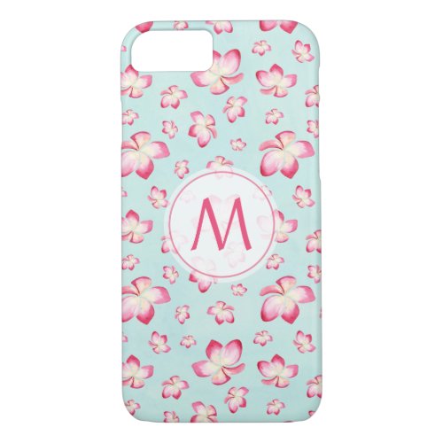 Tropical Pink Plumeria Floral Watercolor Monogram iPhone 87 Case